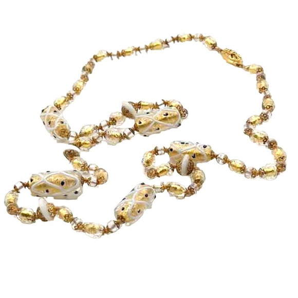 Unknown Jewelry - Vintage Venetian Glass Necklace Gold Foil Beads White Caning and Blue Dots ~32"